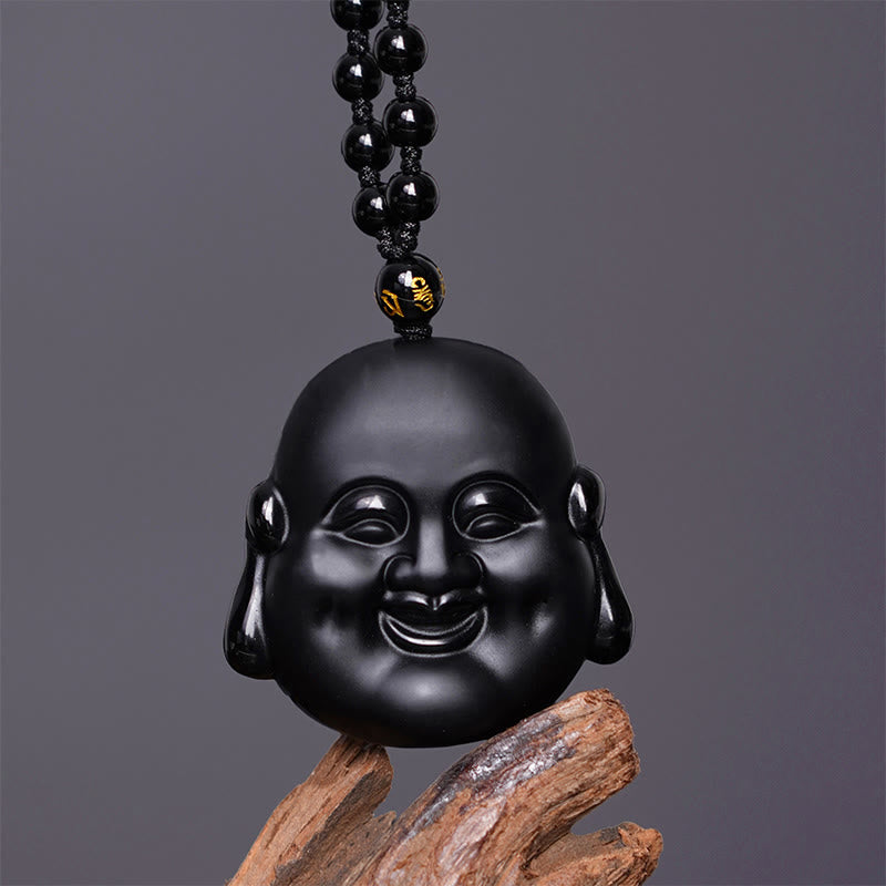Collier pendentif de purification Buddha Stones rieur en obsidienne noire naturelle