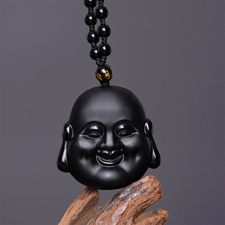 Collier pendentif de purification Buddha Stones rieur en obsidienne noire naturelle
