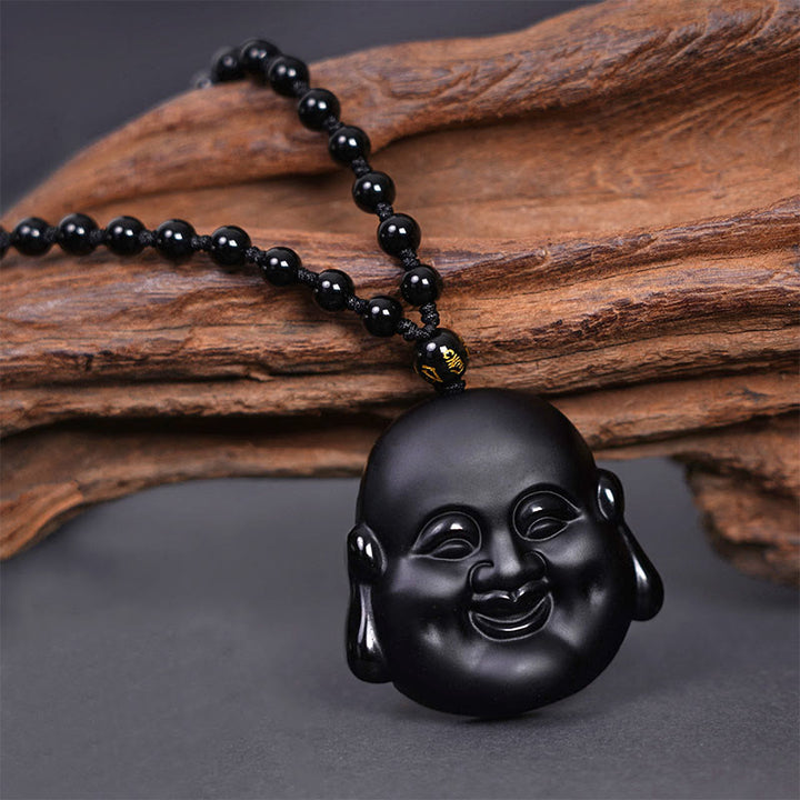 Collier pendentif de purification Buddha Stones rieur en obsidienne noire naturelle
