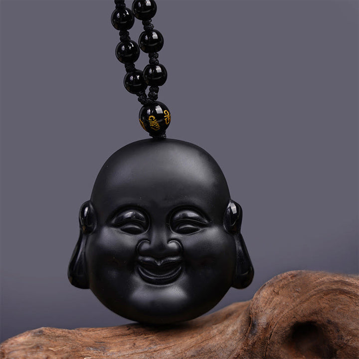 Collier pendentif de purification Buddha Stones rieur en obsidienne noire naturelle