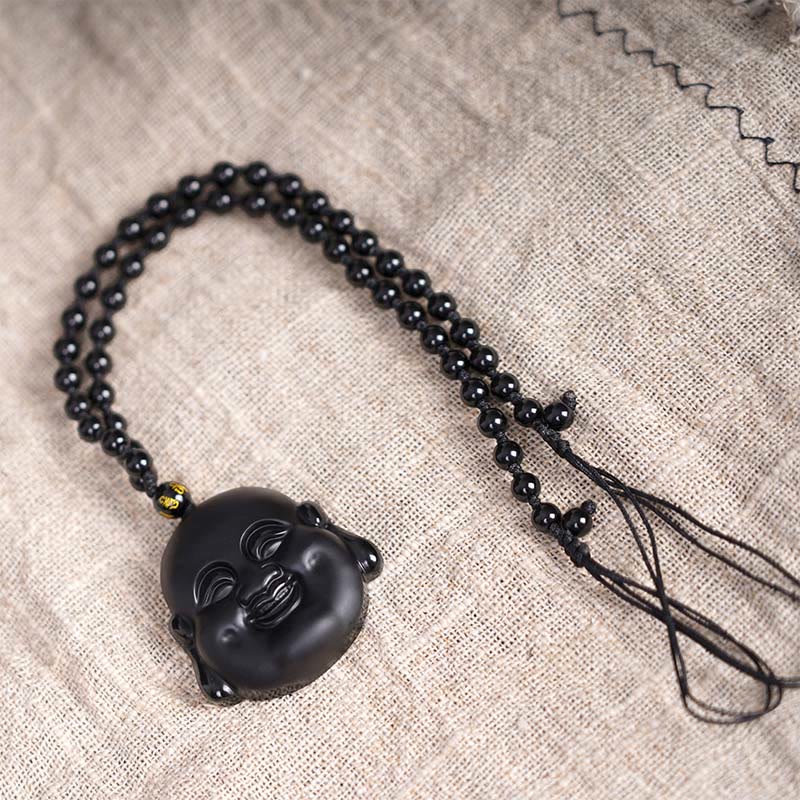 Collier pendentif de purification Buddha Stones rieur en obsidienne noire naturelle