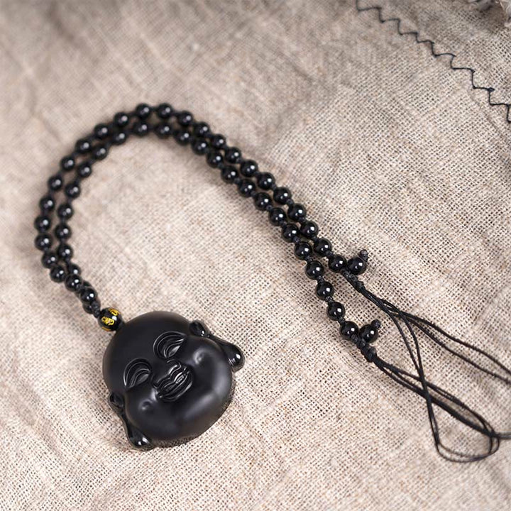 Collier pendentif de purification Buddha Stones rieur en obsidienne noire naturelle