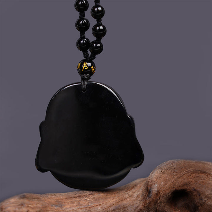 Collier pendentif de purification Buddha Stones rieur en obsidienne noire naturelle