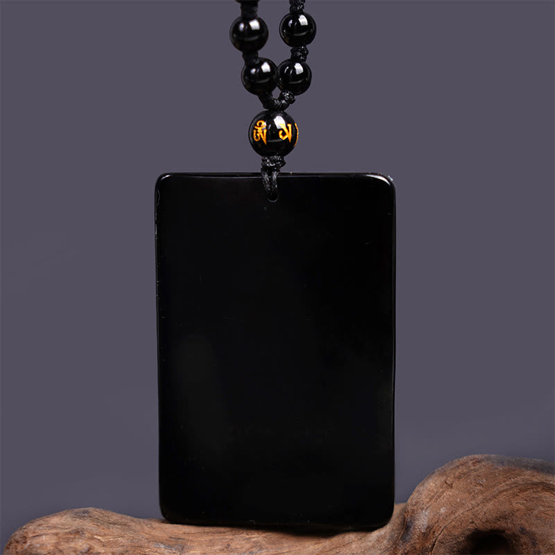 Collier pendentif amulette Guan Gong en obsidienne noire avec Buddha Stones gravées