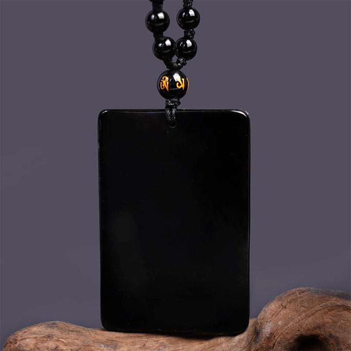 Collier pendentif amulette Guan Gong en obsidienne noire avec Buddha Stones gravées