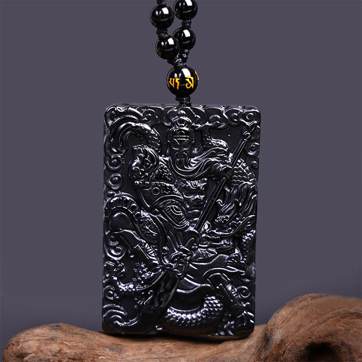 Collier pendentif amulette Guan Gong en obsidienne noire avec Buddha Stones gravées