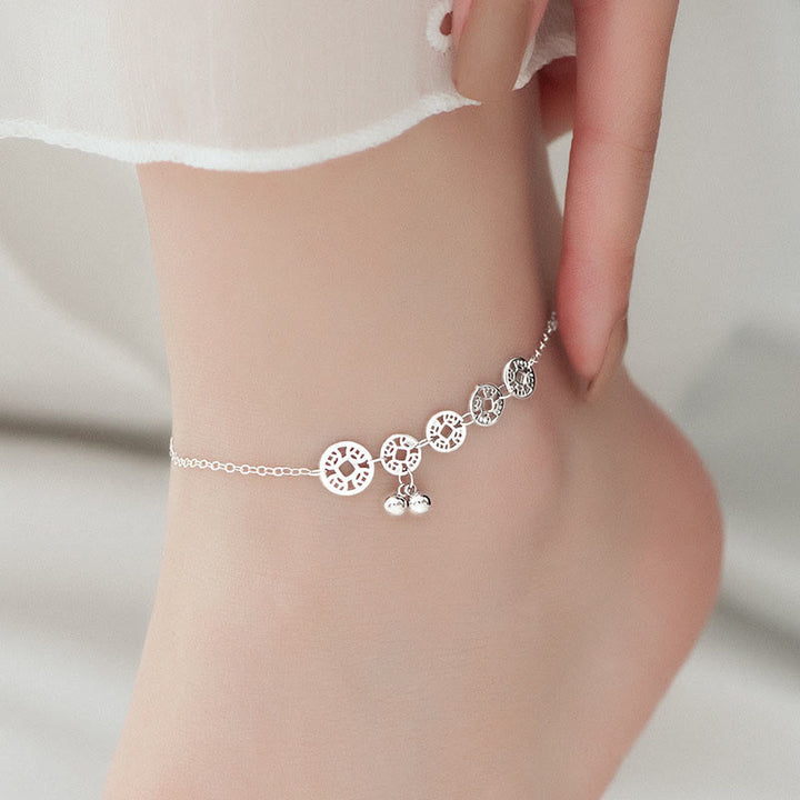 Buddha Stones Argent sterling 925 Pièces de cuivre Cloches Protection Bracelet de cheville en métal