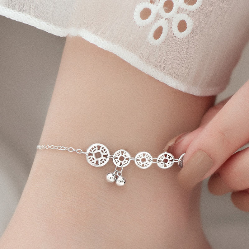 Buddha Stones Argent sterling 925 Pièces de cuivre Cloches Protection Bracelet de cheville en métal
