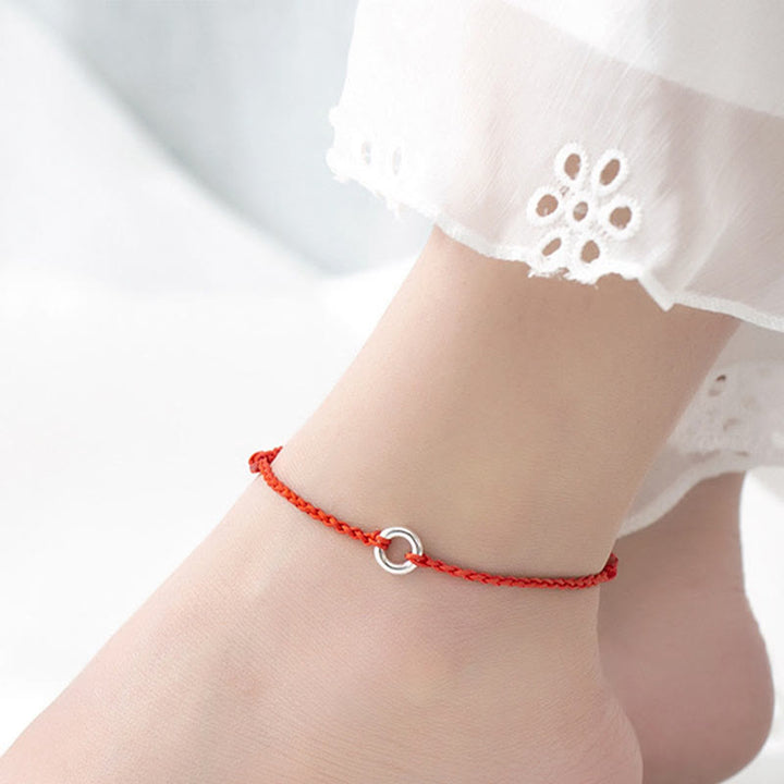 Bracelet de cheville en corde tressée avec boucle de paix en argent sterling 925 et Buddha Stones - Bracelet de cheville rouge (circonférence 30 cm) - image 0