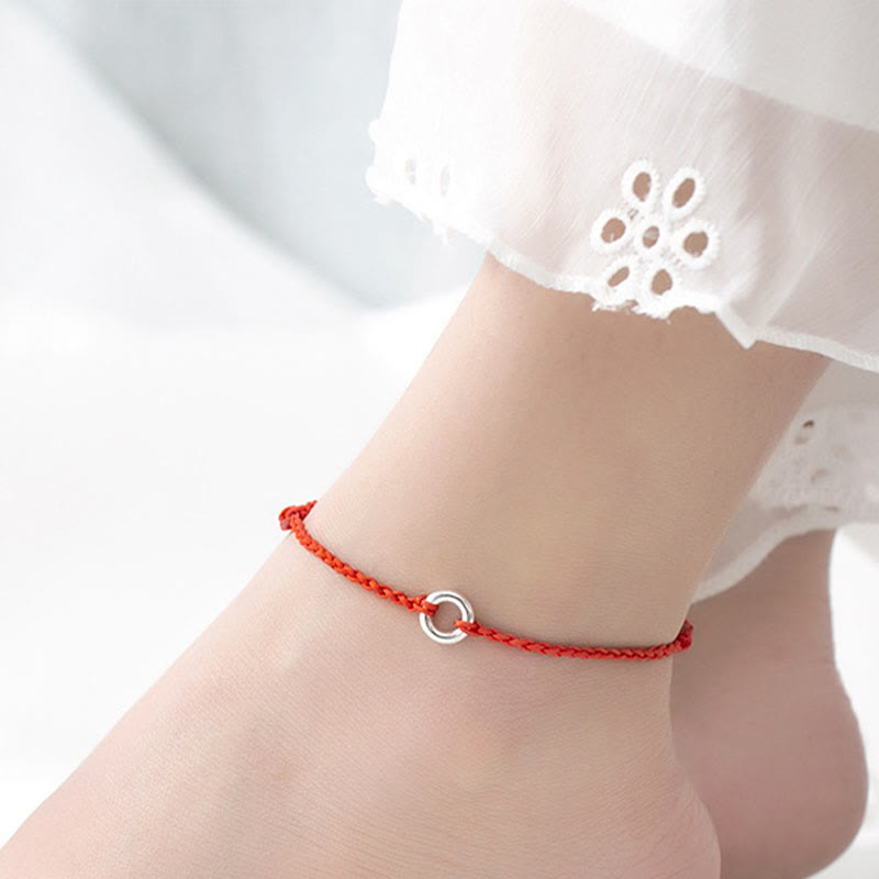 Bracelet de cheville en corde tressée avec boucle de paix en argent sterling 925 et Buddha Stones - Bracelet de cheville rouge (circonférence 30 cm) - image 0