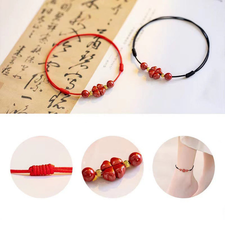 Buddha Stones Bracelet de cheville en corde avec trèfle à quatre feuilles en cinabre