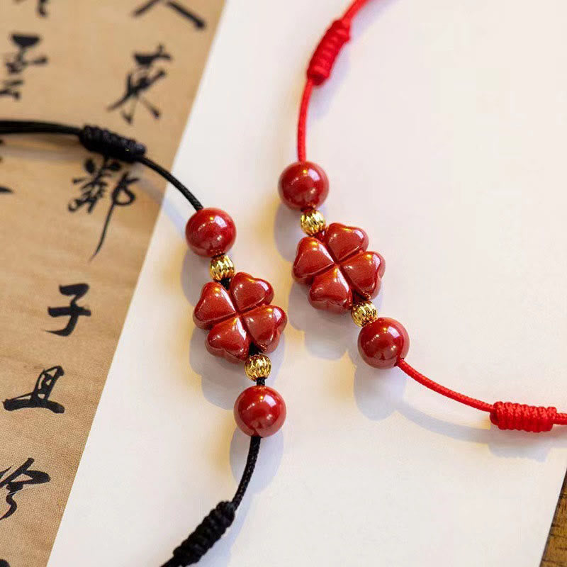 Buddha Stones Bracelet de cheville en corde avec trèfle à quatre feuilles en cinabre