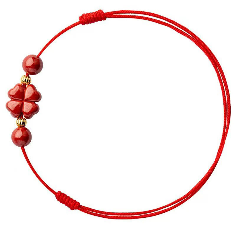 Buddha Stones Bracelet de cheville en corde avec trèfle à quatre feuilles en cinabre