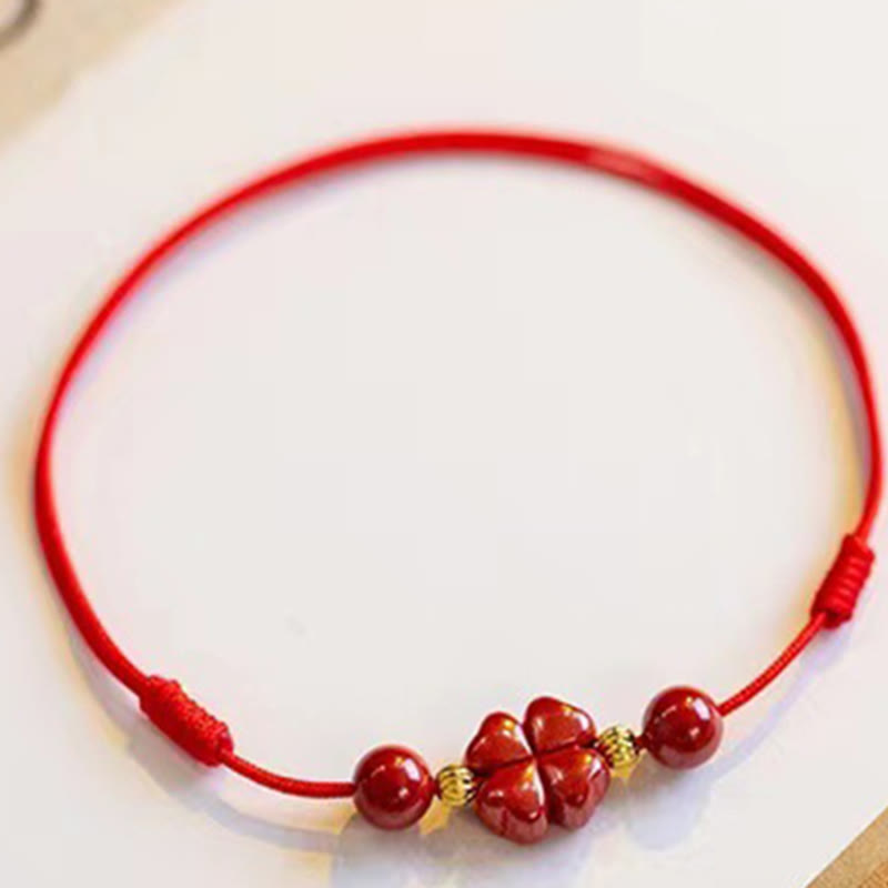 Buddha Stones Bracelet de cheville en corde avec trèfle à quatre feuilles en cinabre