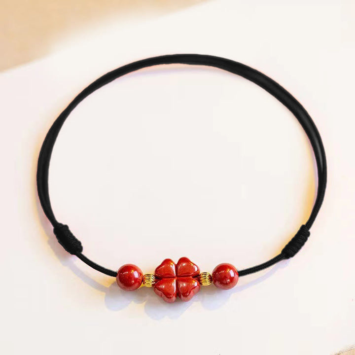Buddha Stones Bracelet de cheville en corde avec trèfle à quatre feuilles en cinabre