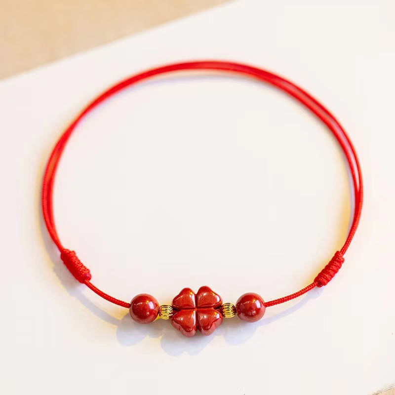 Buddha Stones Bracelet de cheville en corde avec trèfle à quatre feuilles en cinabre