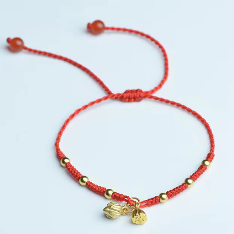 Buddha Stones Bracelet de cheville en corde porte-bonheur avec breloque Lotus Pod