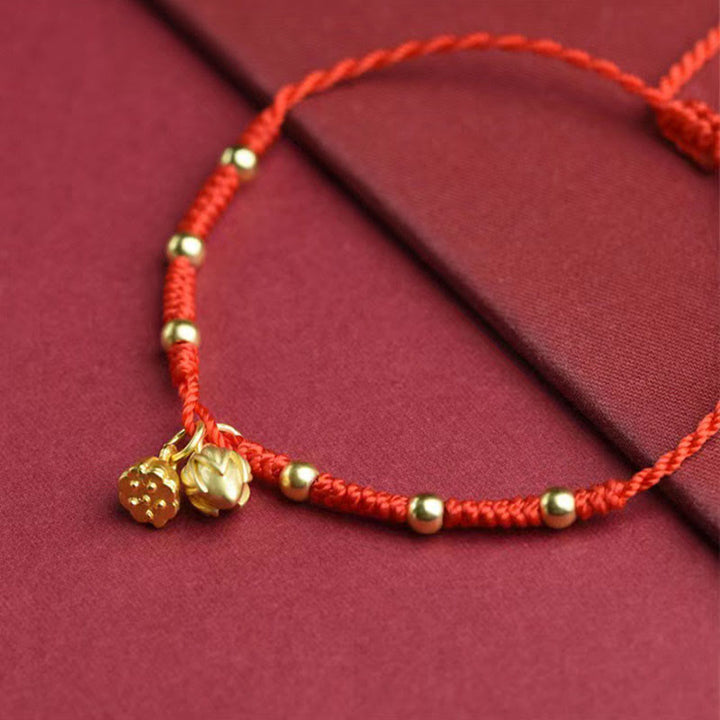 Buddha Stones Bracelet de cheville en corde porte-bonheur avec breloque Lotus Pod