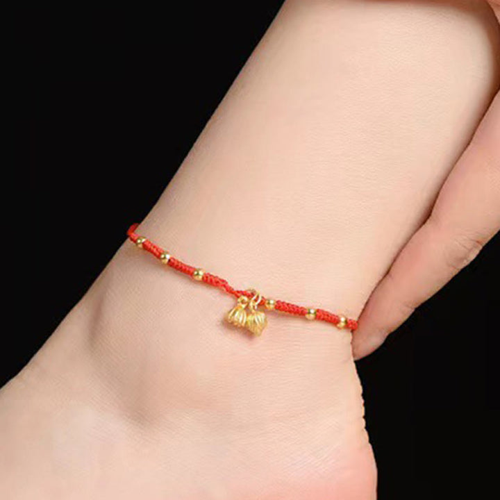 Buddha Stones Bracelet de cheville en corde porte-bonheur avec breloque Lotus Pod