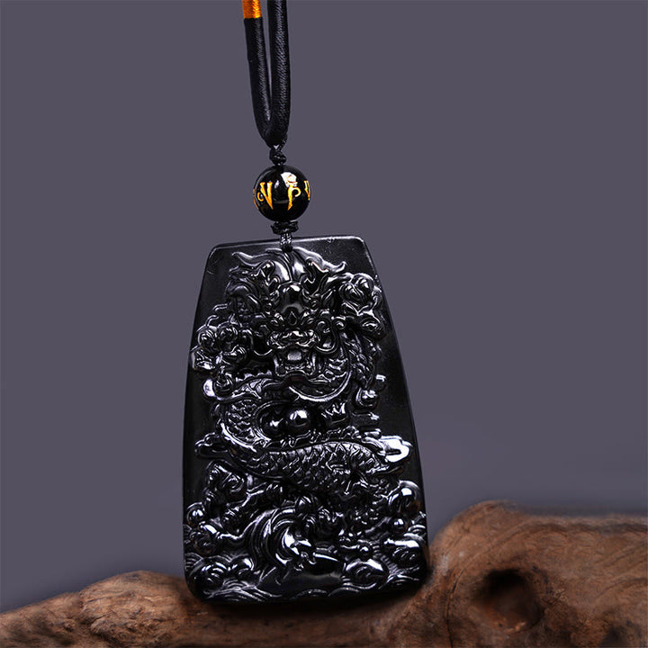 Collier pendentif de protection de la chance sculpté en obsidienne noire avec des Buddha Stones - Dragon trapézoïdal 65 mm x 44 mm - image 9