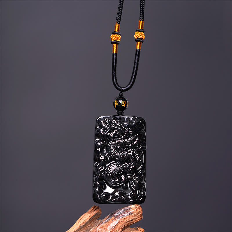 Collier pendentif rectangulaire gravé en obsidienne noire naturelle avec dragon et Buddha Stones - image 4