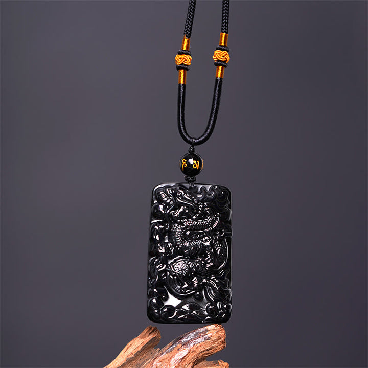 Collier pendentif rectangulaire gravé en obsidienne noire naturelle avec dragon et Buddha Stones - image 4