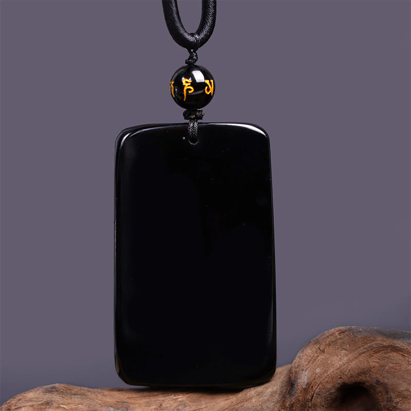 Collier pendentif rectangulaire gravé en obsidienne noire naturelle avec dragon et Buddha Stones - image 5