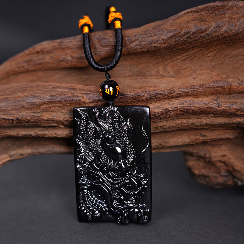 Collier pendentif rectangulaire gravé en obsidienne noire naturelle avec dragon et Buddha Stones - image 11