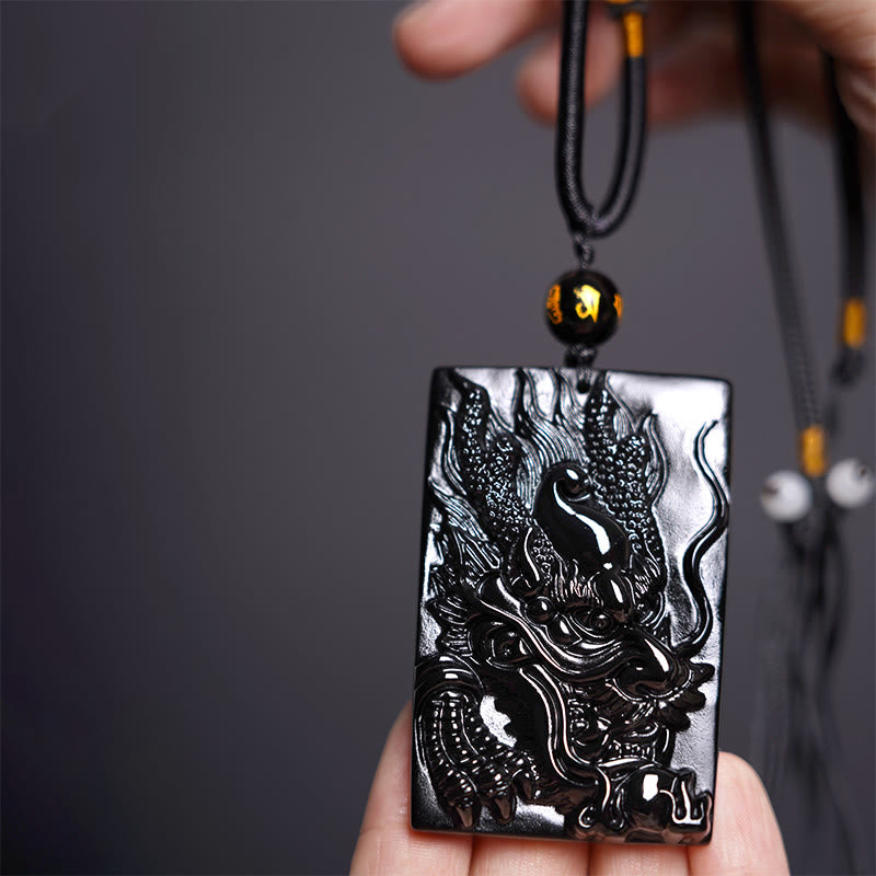 Collier pendentif rectangulaire gravé en obsidienne noire naturelle avec dragon et Buddha Stones - Dragon 61 mm x 40 mm - image 9