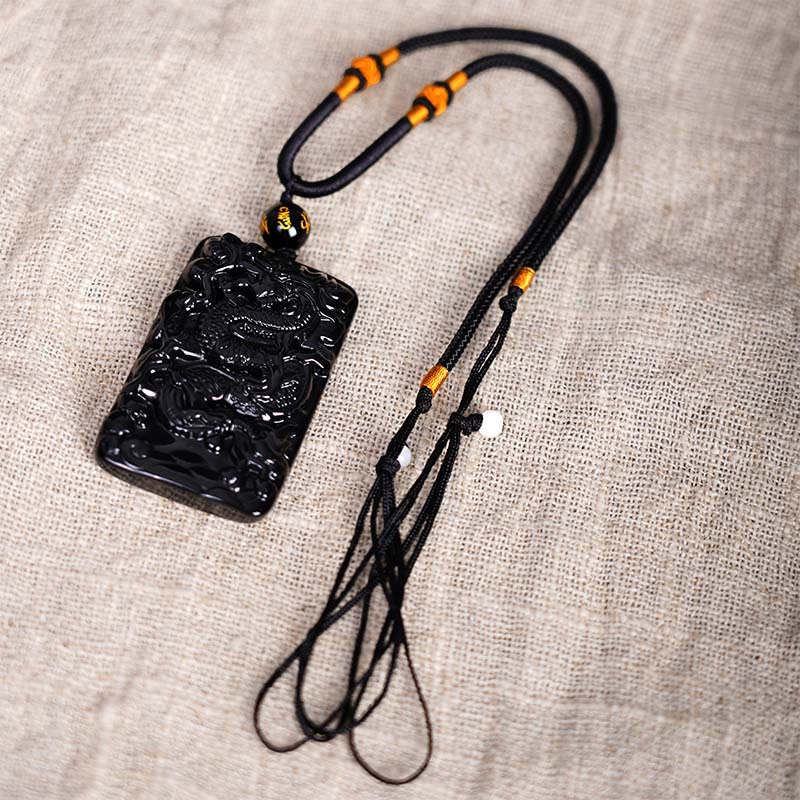 Collier pendentif rectangulaire gravé en obsidienne noire naturelle avec dragon et Buddha Stones - image 6