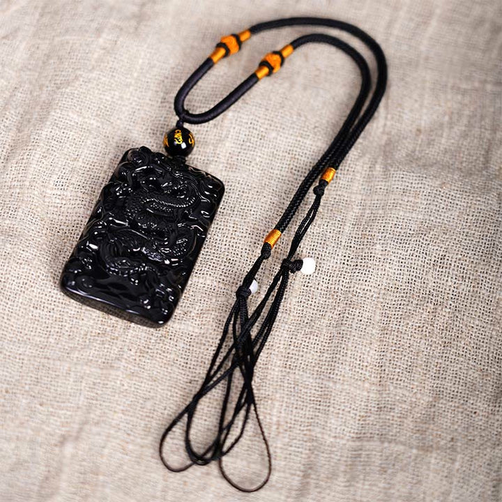 Collier pendentif rectangulaire gravé en obsidienne noire naturelle avec dragon et Buddha Stones - image 6