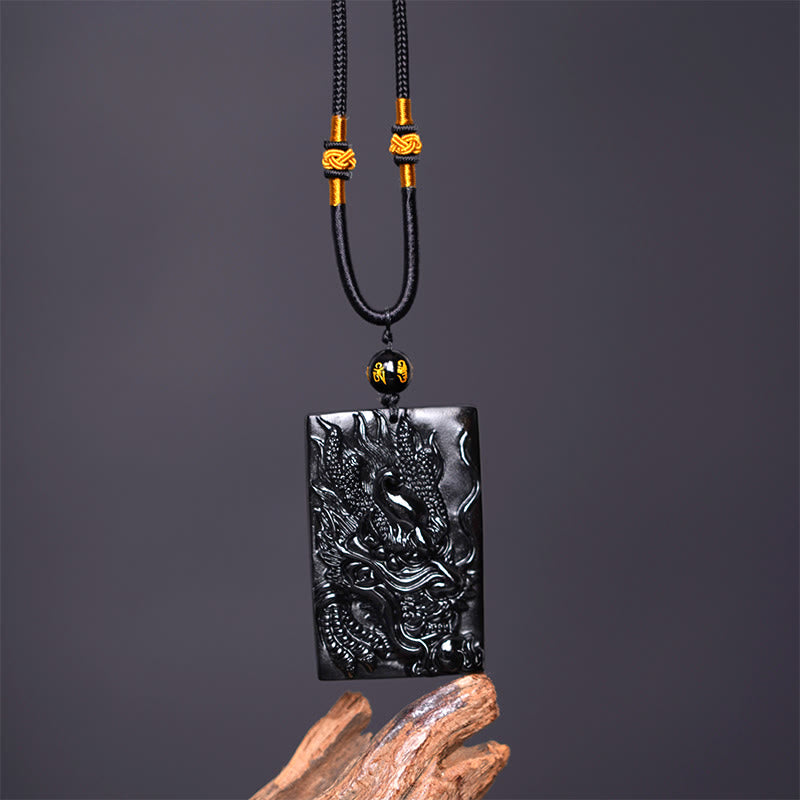 Collier pendentif rectangulaire gravé en obsidienne noire naturelle avec dragon et Buddha Stones - image 10
