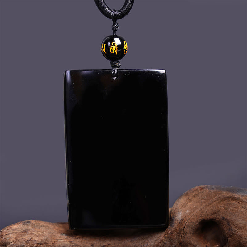Collier pendentif rectangulaire gravé en obsidienne noire naturelle avec dragon et Buddha Stones - image 15