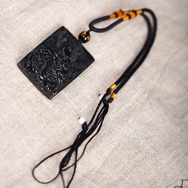 Collier pendentif rectangulaire gravé en obsidienne noire naturelle avec dragon et Buddha Stones - image 13