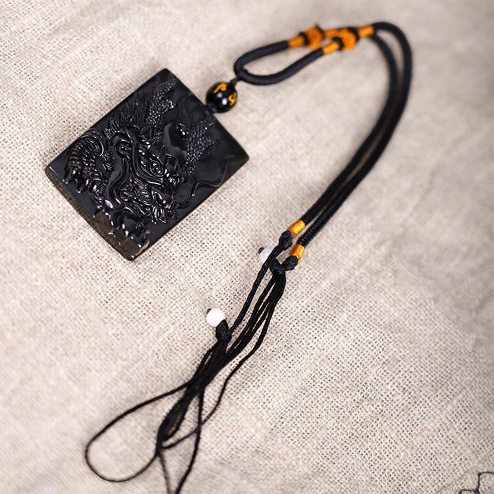 Collier pendentif rectangulaire gravé en obsidienne noire naturelle avec dragon et Buddha Stones - image 13