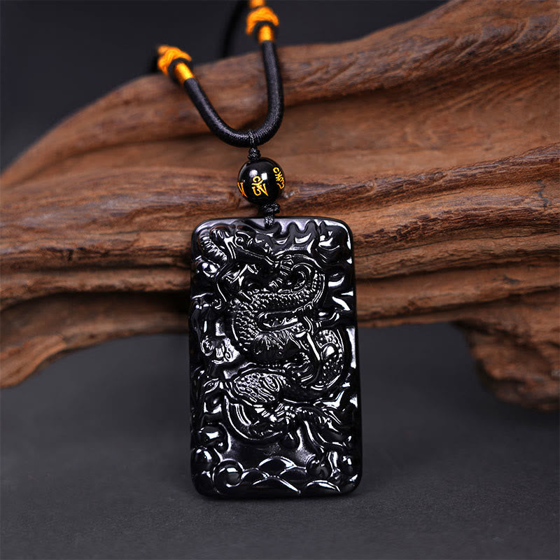 Collier pendentif rectangulaire gravé en obsidienne noire naturelle avec dragon et Buddha Stones - image 2