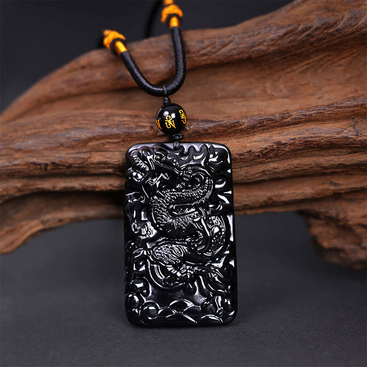 Collier pendentif rectangulaire gravé en obsidienne noire naturelle avec dragon et Buddha Stones - image 2