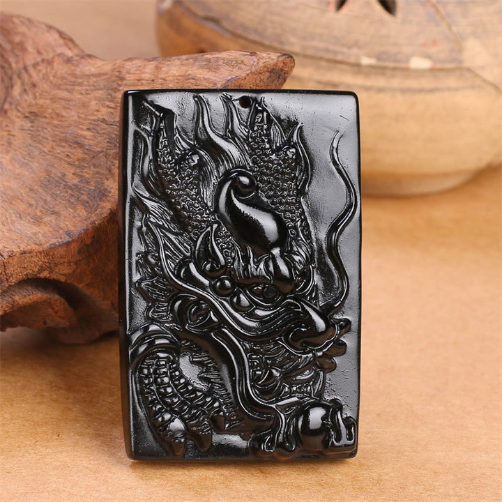 Collier pendentif rectangulaire gravé en obsidienne noire naturelle avec dragon et Buddha Stones - image 16