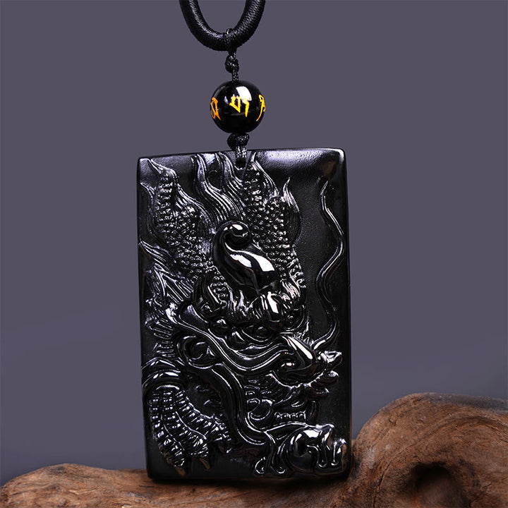 Collier pendentif rectangulaire gravé en obsidienne noire naturelle avec dragon et Buddha Stones - image 14