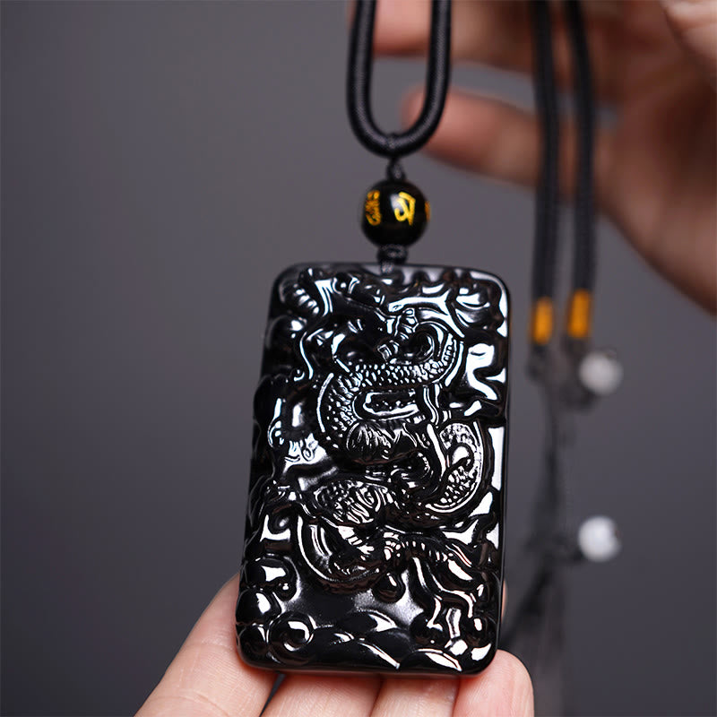 Collier pendentif rectangulaire gravé en obsidienne noire naturelle avec dragon et Buddha Stones - Dragon 62 mm x 39 mm - image 1