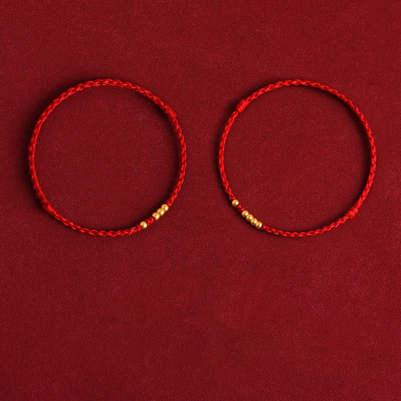 Bracelet de couple tressé avec Buddha Stones - Cordon rouge (une et quatre perles dorées et une et trois perles dorées) - 24 cm - image 17