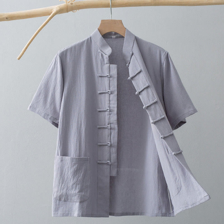 Chemise à manches courtes en coton et lin pour homme, costume chinois à boutons de grenouille , Buddha Stones, vêtements avec poches - Gris clair - US/UK/AU44，EU54 (4XL) - image 10