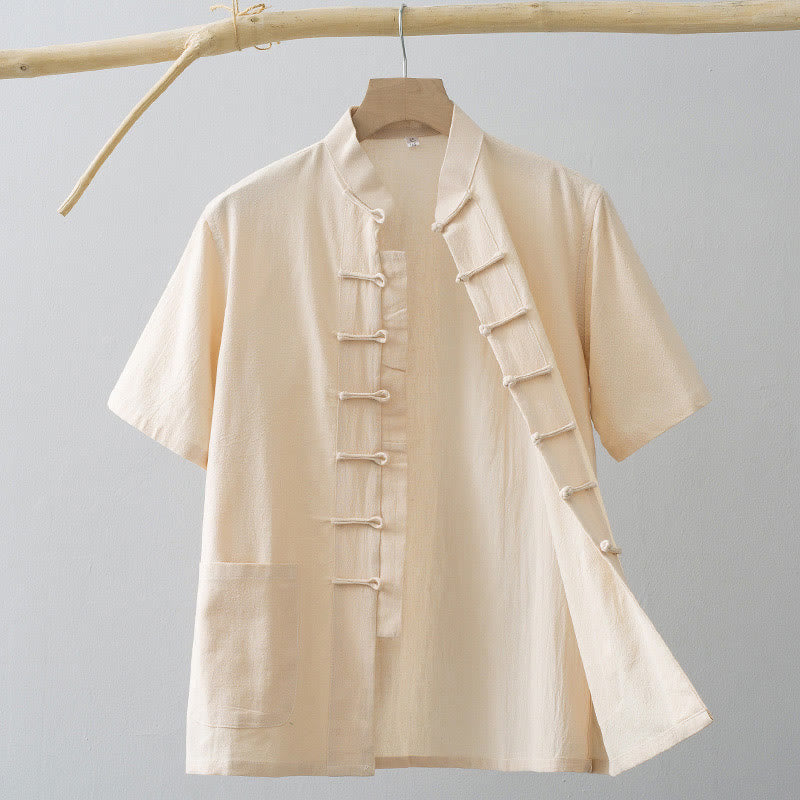 Chemise à manches courtes en coton et lin pour homme, costume chinois à boutons de grenouille , Buddha Stones, vêtements avec poches - Blanc antique - US/UK/AU44，EU54 (4XL) - image 12