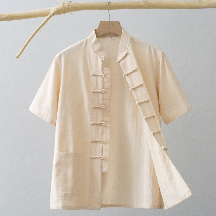 Chemise à manches courtes en coton et lin pour homme, costume chinois à boutons de grenouille , Buddha Stones, vêtements avec poches - Blanc antique - US/UK/AU44，EU54 (4XL) - image 12