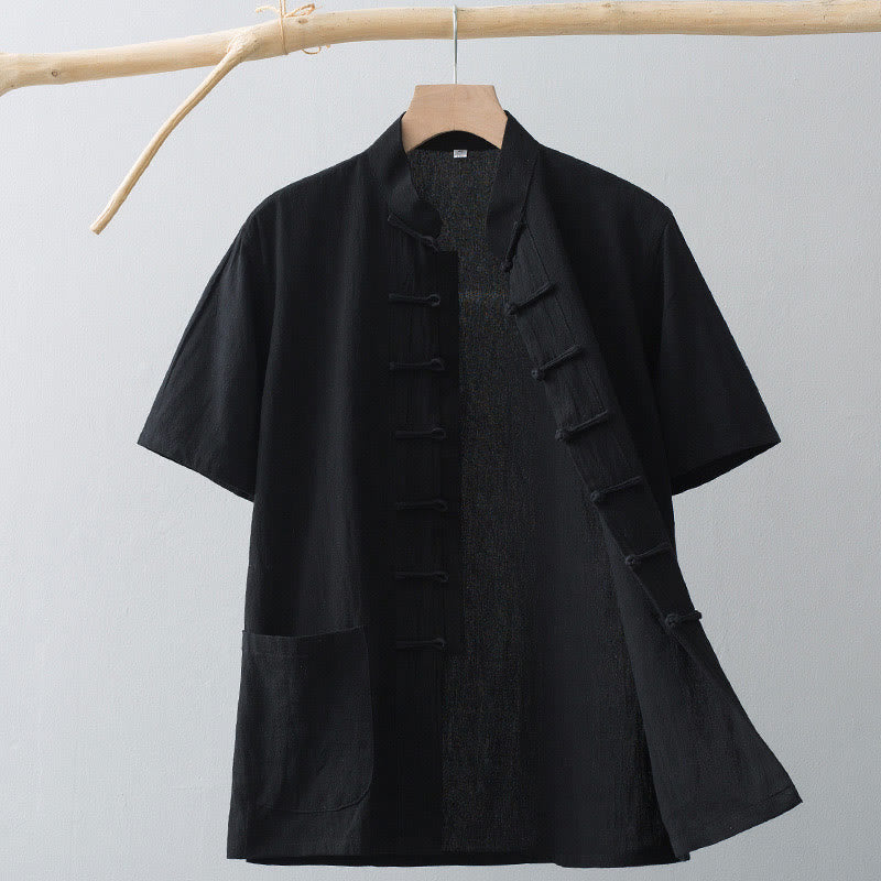 Chemise à manches courtes en coton et lin pour homme, costume chinois à boutons de grenouille , Buddha Stones, vêtements avec poches - Noir - US/UK/AU44，EU54 (4XL) - image 16