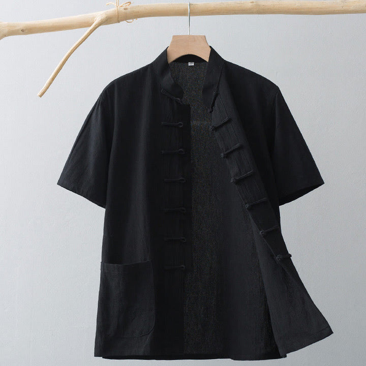 Chemise à manches courtes en coton et lin pour homme, costume chinois à boutons de grenouille , Buddha Stones, vêtements avec poches - Noir - US/UK/AU44，EU54 (4XL) - image 16