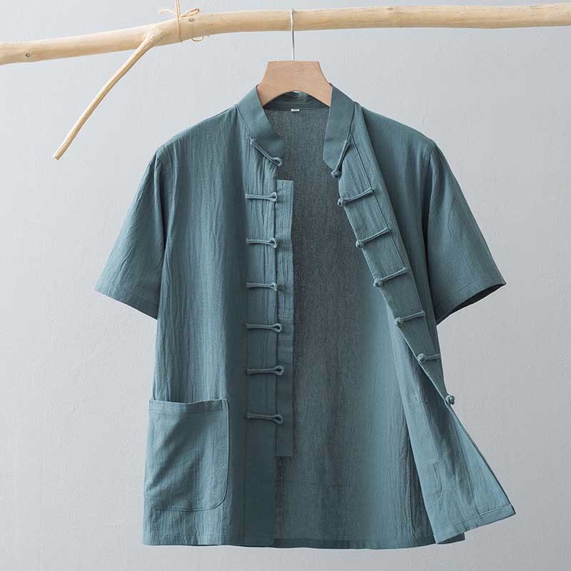 Chemise à manches courtes en coton et lin pour homme, costume chinois à boutons de grenouille , Buddha Stones, vêtements avec poches - CadetBlue - US/UK/AU44，EU54 (4XL) - image 8