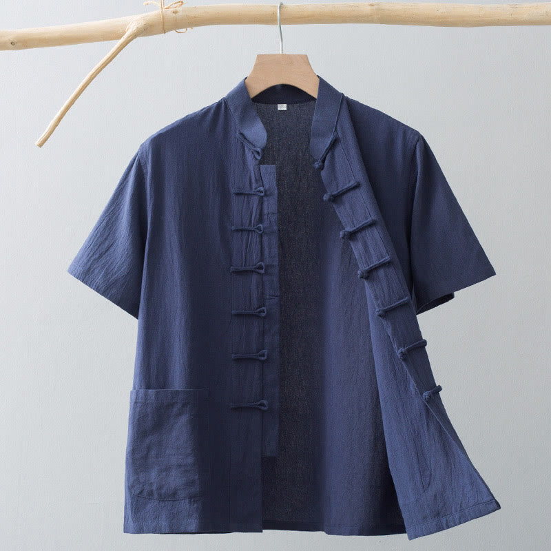 Chemise à manches courtes en coton et lin pour homme, costume chinois à boutons de grenouille , Buddha Stones, vêtements avec poches - Bleu acier - US/UK/AU44，EU54 (4XL) - image 14