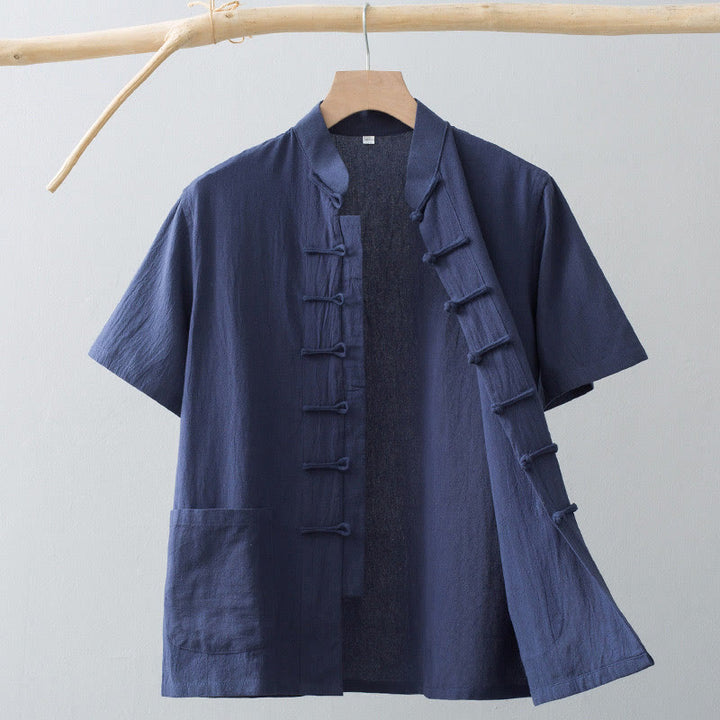 Chemise à manches courtes en coton et lin pour homme, costume chinois à boutons de grenouille , Buddha Stones, vêtements avec poches - Bleu acier - US/UK/AU44，EU54 (4XL) - image 14