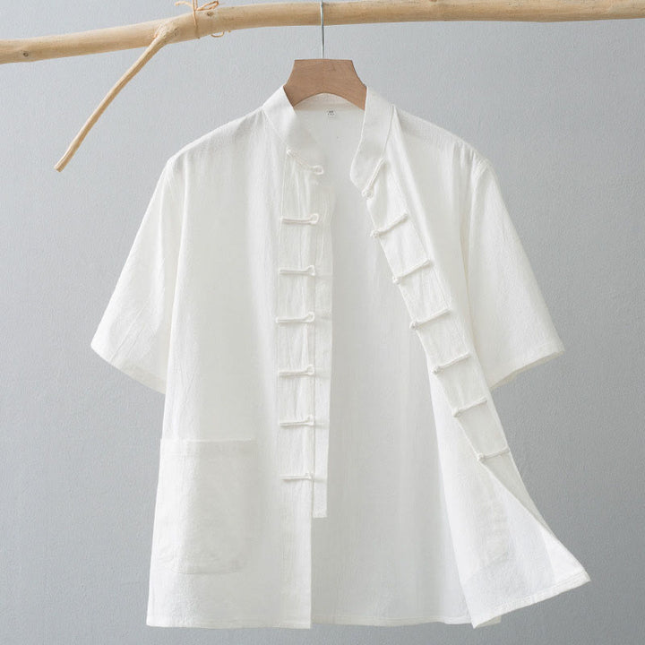Chemise à manches courtes en coton et lin pour homme, costume chinois à boutons de grenouille , Buddha Stones, vêtements avec poches - Blanc - US/UK/AU44，EU54 (4XL) - image 1